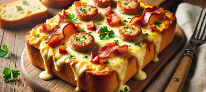 Desayuno horneado con queso, tocino y salchichas