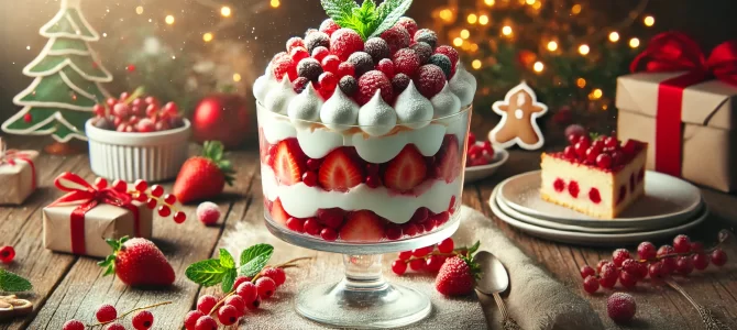 Trifle Navideño Festivo de Pavlova con Frutos Rojos y Crema