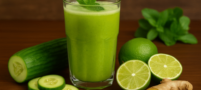 Jugo de pepino, jengibre y lima: una bebida refrescante y revitalizante.