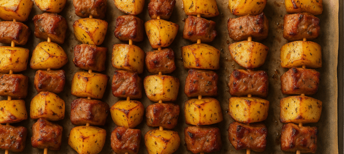 Receta de brochetas de cerdo y papas al horno