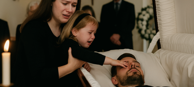 En el funeral de su padre, una niña susurró: «Papá solo está durmiendo». Segundos después, todos se quedaron paralizados del asombro.