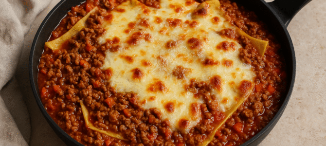 Lasaña de carne y queso en sartén sin horno