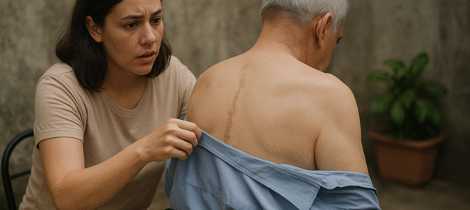 “Papá, ya empiezo”, susurré mientras limpiaba a mi suegro paralizado — pero al quitarle la camisa, me quedé helada. De pronto recordé la extraña advertencia de mi esposo… y todo cobró sentido.