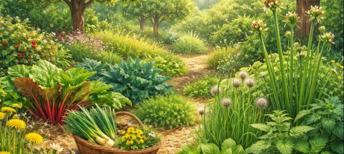 Plantas perennes que puedes sembrar una vez y cosechar durante años en un jardín de permacultura.