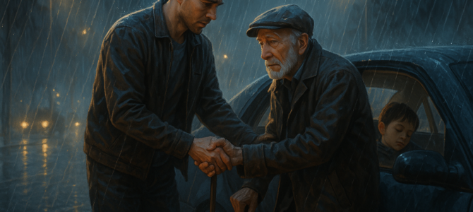 Un Padre Soltero Ayudó A Un Anciano Bajo La Lluvia — Al Día Siguiente, El Anciano Salvó Su Empleo.