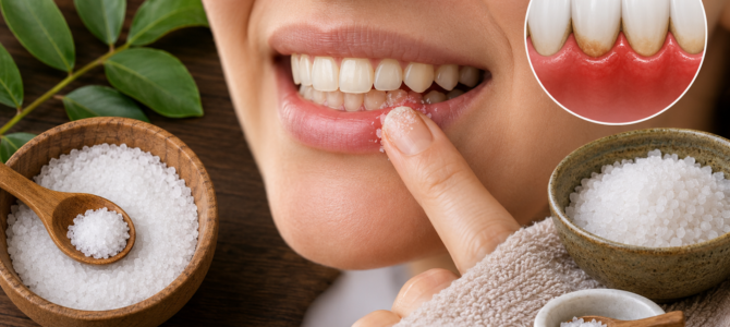 Cuidado de las encías: uso de sal como apoyo para la higiene bucal antes de dormir.
